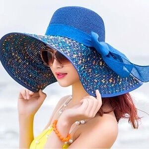 NEW Wide Brim Blue Straw Hat with Bow Decor.